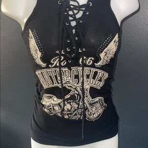 Black Lace-Up Graphic Tank Top